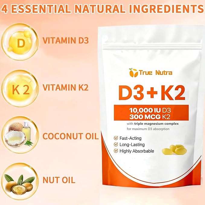 D3 K2Vitamin D3 K2 10000 IU Magnesium Supplement Non-GMO Gluten-FreeEnhance Energy300 Coconut Oil Softgels (1PCS)