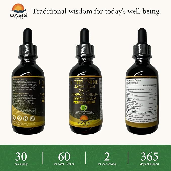 L Theanine 400mg Liquid Drops L-Theanine Supplement for Adults &amp Kids with GABA Magnesium &amp Ashwagandha Natural Sleep Focus &amp Relaxation Support Vegan Alcohol-Free Non-GMO 2 FL OZ