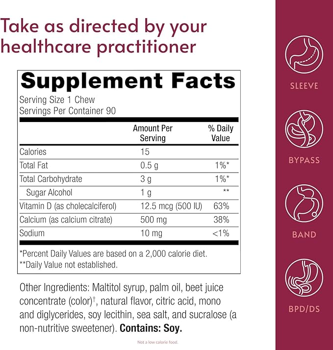 Bariatric Advantage Calcium Citrate Chewy Bites 500 mg - Highly Absorbable &amp Digestible - Vitamin D3 - Easily Chewable Calcium Supplement - Raspberry Flavor - 90 Count