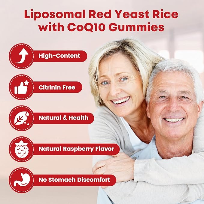 Red Yeast Rice with Coq10 Gummies Red Yeast Rice 2400 mg with CoQ10 200 mg for Cholesterol Support Heart Health Supplement Sugar Free Non-GMO Vegan – 120 Counts