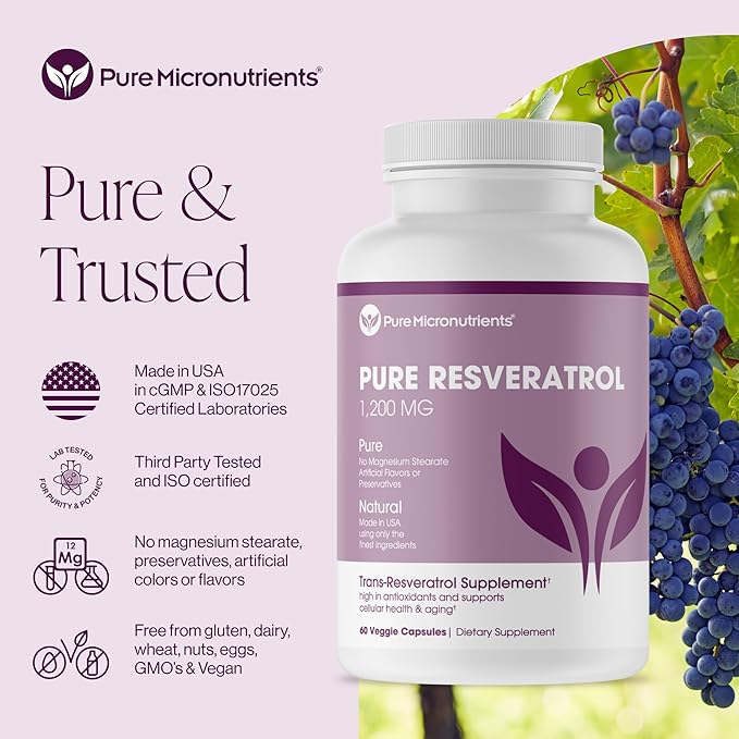 Pure Resveratrol Supplement - Extra Strength 600mg Trans-Resveratrol Per Serve - for Heart Cognitive Immune Health Support – Purified &amp Bioavailable - 60 Vegan Caps