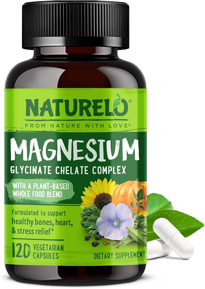 NATURELO Magnesium Glycinate Chelate Complex - 200 mg Magnesium with Organic Vegetables to Support Sleep Calm Muscle Cramp &amp Stress Relief - Gluten Free Non GMO - 120 Capsules