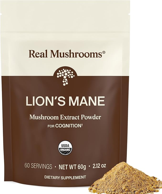 Real Mushrooms Lions Mane Mushroom Supplement - Organic Lions Mane Extract Powder for Overall Wellness with Adaptogens – Functional Vegan Non-GMO Blend with 60 Servings
