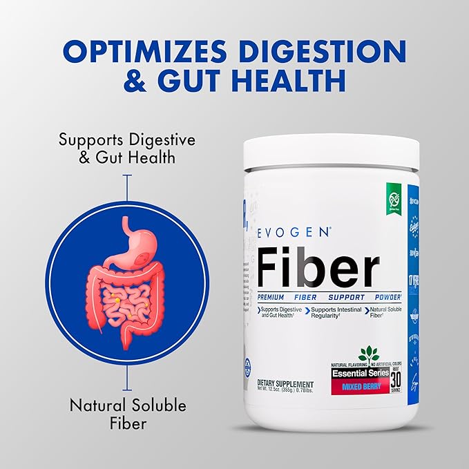 Evogen Fiber - Premium Fiber Powder Supplement | No Bloat Constipation &amp Gut Health Support | Natural Mixed Berry | 30 Servings