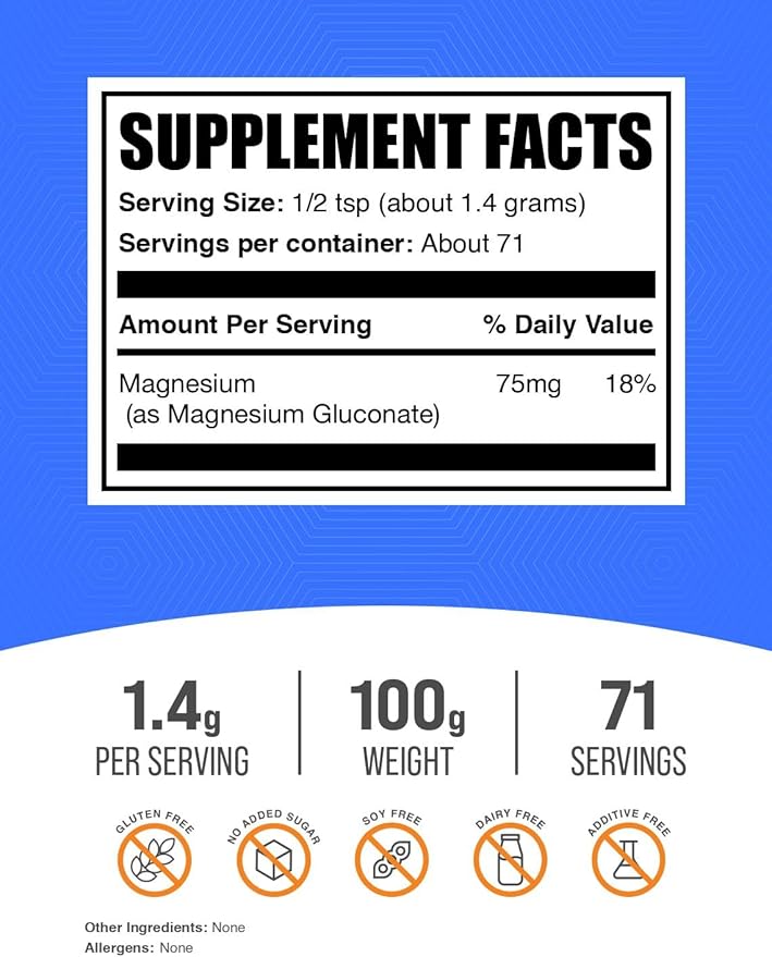 BulkSupplements.com Magnesium Gluconate Powder - Magnesium Supplement Essential Mineral - Unflavored &amp Gluten Free 1.4g per Serving 100g (3.5 oz) (Pack of 2)