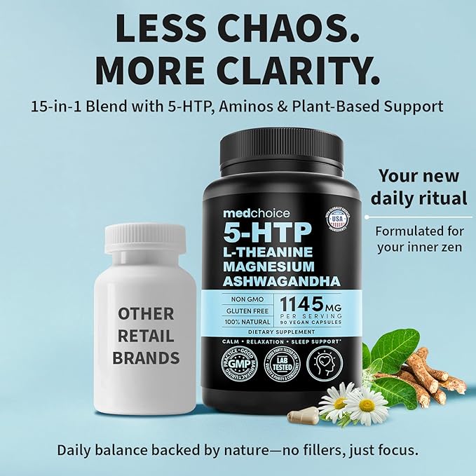 15-in-1 Mood Support Supplement - 5HTP 200mg Capsules with L-Theanine Magnesium Ashwagandha GABA Supplements 5 HTP Supplements with St. John's Wort and L-Tryptophan - 1145mg (90 Count Pack of 2)