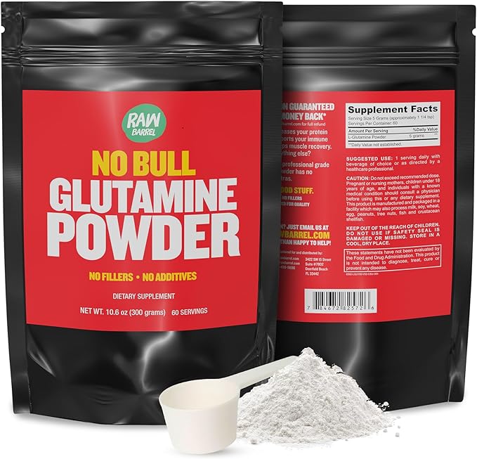 “No Bull” L-Glutamine Powder - Unflavored and Micronized Glutamine Pure L Glutamine Powder Non GMO L Glutamine Supplement Naturally Vegan Vegetarian and Gluten Free 300g