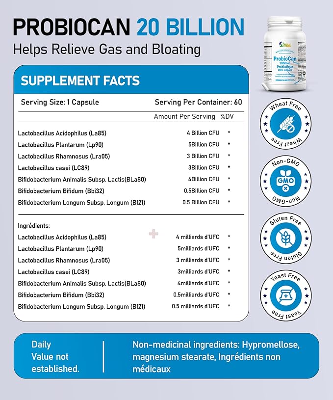 Probiocan 𝟮𝟬 𝗕𝗶𝗹𝗹𝗶𝗼𝗻 𝗖𝗙𝗨 𝗣𝗿𝗼𝗯𝗶𝗼𝘁𝗶𝗰𝘀 𝗳𝗼𝗿 𝗗𝗶𝗴𝗲𝘀𝘁𝗶𝘃𝗲 𝗛𝗲𝗮𝗹𝘁𝗵 7 Strains of Probiotic for Women 4 Packs of 60 Capsules (240 Days Supply)