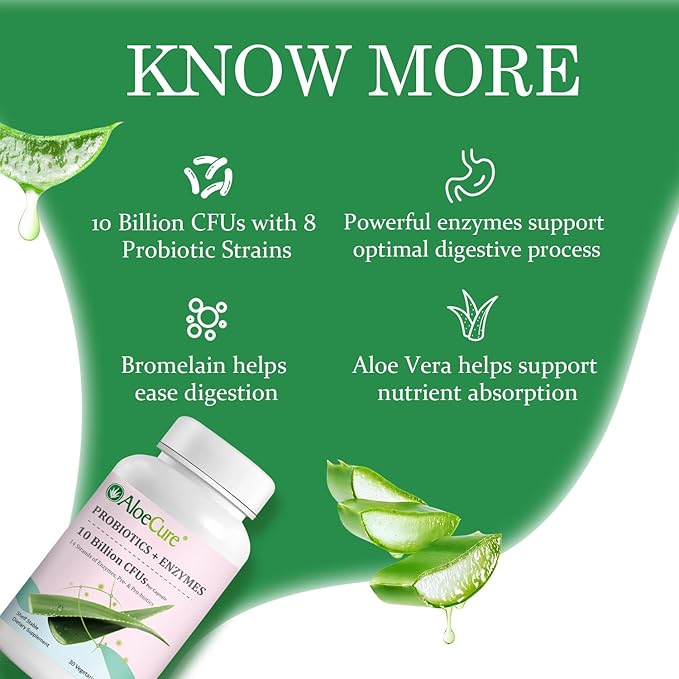 AloeCure Daily Probiotics 10 Billion CFU for Digestive Support 8 Strains 6 Prebiotics &amp Enzymes - Digestive Supplement with Bromelain for Women &amp Men - Gut Support Digestive Relief 30 Caps