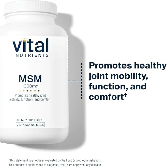 Vital Nutrients MSM 1000mg - Promotes Healthy Joint Mobility Function and Comfort* - Natural Form of Organic Sulfur - Gluten Dairy Soy Free - Non-GMO - 240 Capsules