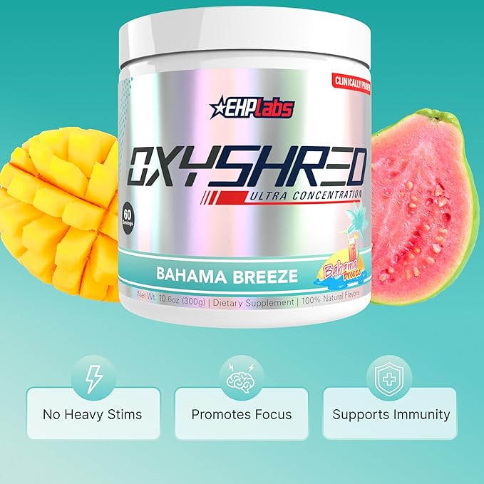 EHP Labs OxyShred Pre Workout Powder - Preworkout Powder with L Glutamine &amp Acetyl L Carnitine Energy Boost Drink - Bahama Breeze/Beach 60 Servings
