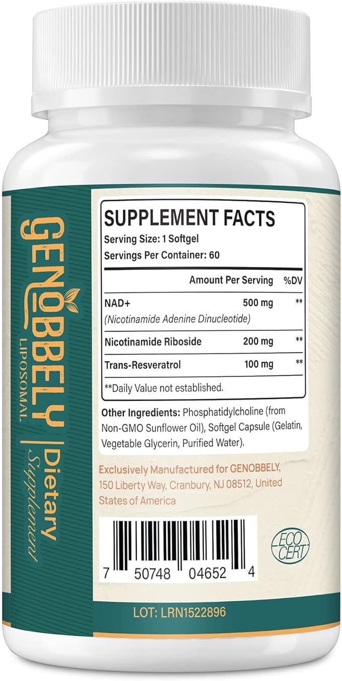 800 mg Liposomal NAD+ Supplement with Nicotinamide Riboside 200 mg Trans-Resveratrol 100 mg - True NAD Supplement for DNA Repair Healthy Aging Brain Function - 360-Day Supply