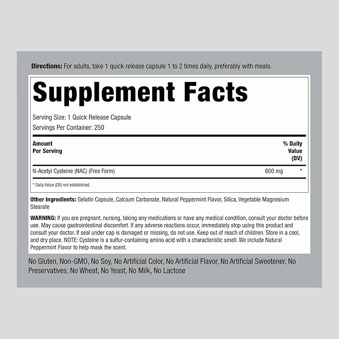 Piping Rock NAC Supplement N-Acetyl Cysteine | 600mg | 250 Capsules | Free Form Pills for Women and Men | Non-GMO Gluten Free