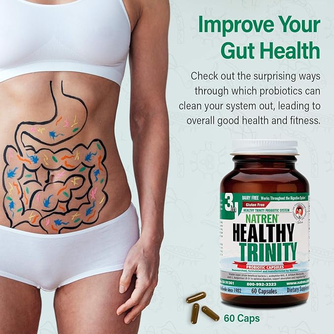 Natren Healthy Trinity Probiotics Supplement - 60 Dairy and Gluten Free Gel Capsules - Improve Gut and Digestive Health - 30 Billion CFU - Lactobacillus Acidophilus Bifidobacterium Bulgaricus