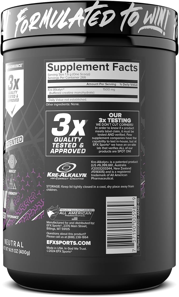 EFX Sports Kre-Alkalyn EFX Powder | pH Correct Creatine Monohydrate Powder Supplement | Strength Muscle Growth &amp Performance | 266 Servings (Unflavored)