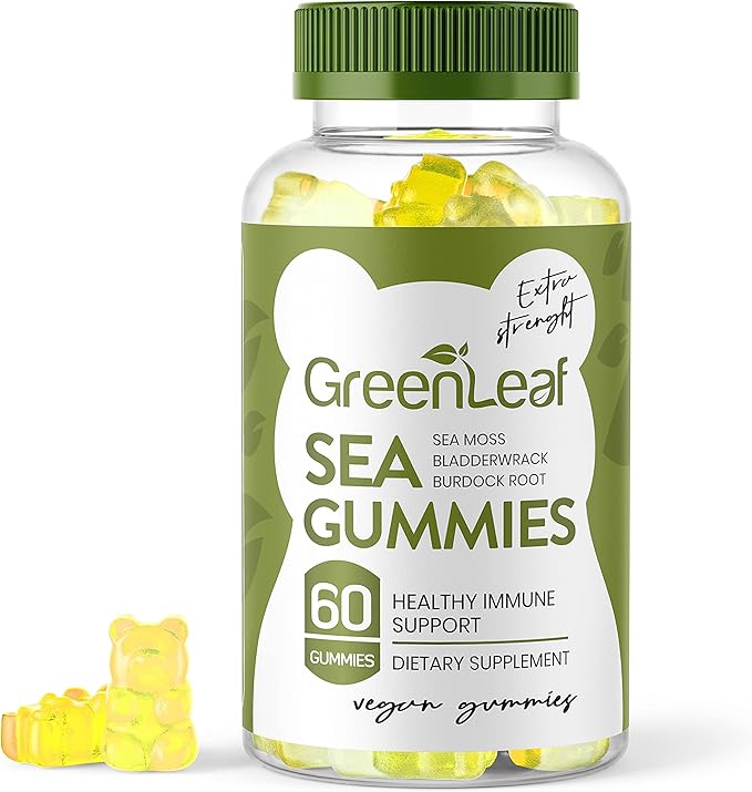 Spoken of by Dr Sebi Extra Strength Greenleaf Raw Irish Sea Moss Bladderwrack with Burdock Gummy - 60 Apple Flavor Gummies - Vegan - Alkaline Diet jamicAN Herbs
