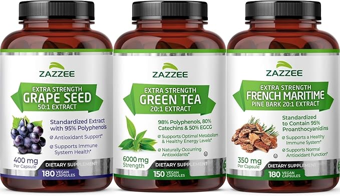 Anti Aging Healthy Heart Support Bundle | Antioxidant Rich Super Concentrated Grape Seed Extract with EGCG Green Tea Extract and French Maritime Pine Bark Capsules | Non-GMO Vegan &amp ISO Lab Tested