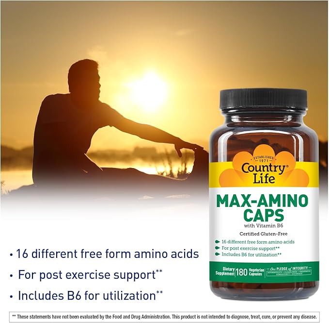 Country Life Maxi-Amino Caps – 16 Free-Form Amino Acids – 180 Vegetarian Capsules – Gluten Free Vegetarian