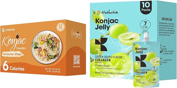Hethstia Konjac Jelly Green Grape Flavor with Collagen Peptides 10 Packs and Konjac Fettuccine Gluten Free 12 Packs Low Calorie Keto Sugar Free Healthy Food