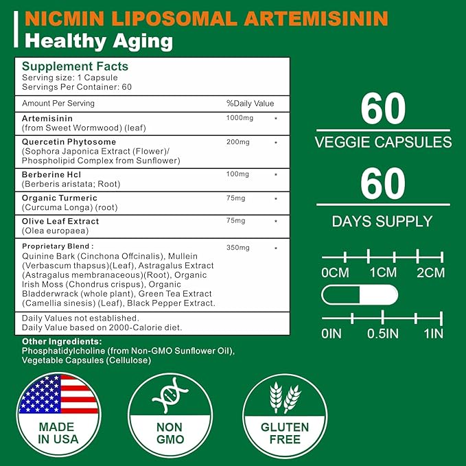 Liposomal Artemisinin Supplement 1000mg Sweet Wormwood Extract with 200mg Quercetin Phytosome Maximum Absorption for Antioxidant 180 Capsules