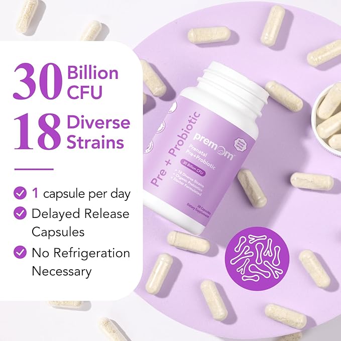 Premom Prenatal Pre &amp Probiotics for Women: 18 Diverse Organic Prebiotics Strains - Supports Digestive 30 Billion CFU Gut &amp Immune Health for Mom and Baby - Daily Capsules