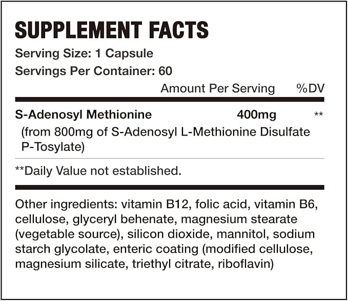 7c Sam e 400mg Supplement (S-Adenosylmethionine) Vitamin B6 B12 Added to Enhance Sam-e Effectiveness Mood and Joint Comfort Vegan Non-GMO Gluten-Free 60 Enteric Coated Capsules