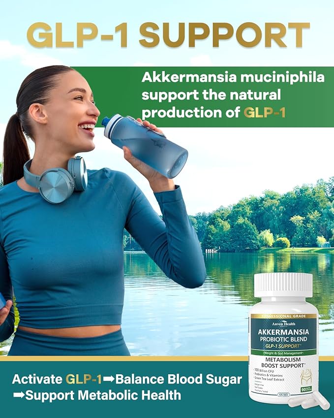 GLP-1 Supplement 100 Billion Akkermansia Probiotic &amp Prebiotic for Gut Health &amp Digestion Metabolism &amp Energy Support with Vitamin B2 &amp D Green Tea and Chromium - Non-GMO | 180 Capsu