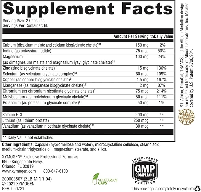 XYMOGEN MinRex Multi-Mineral Supplements - with Iodine Selenium and Potasium to Support Mineral Repletion + Sports Nutrition (120 Soy Gluten and Dairy-Free Capsules)