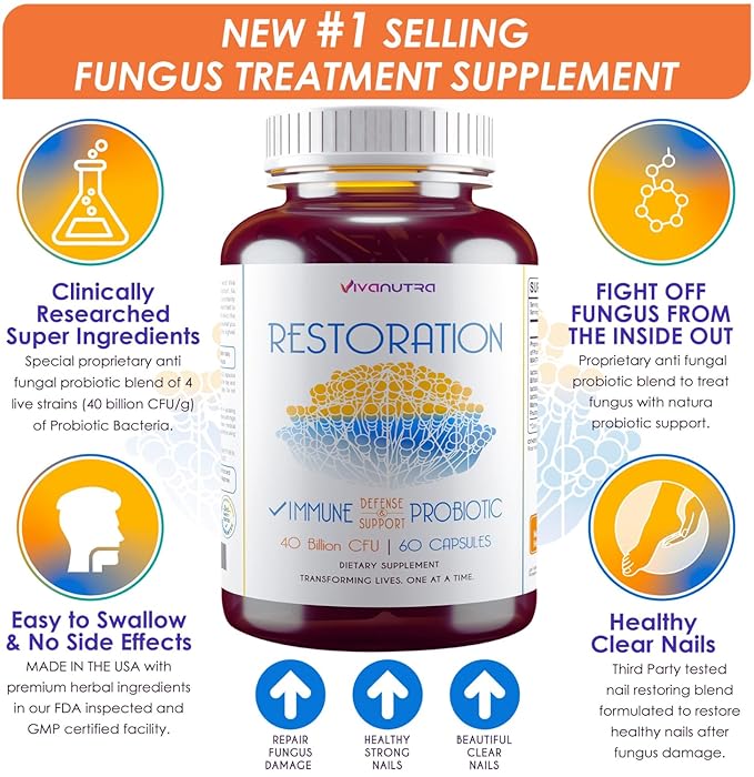 Restoration Toenail Fungus Treatment Probiotic Pills - Nail Fungus Treatment For Toenail fungus Fungi Foot Repair Extra strength Intensive Toe Nail renewal feet Fungus Supplement - Month Supply 60ct