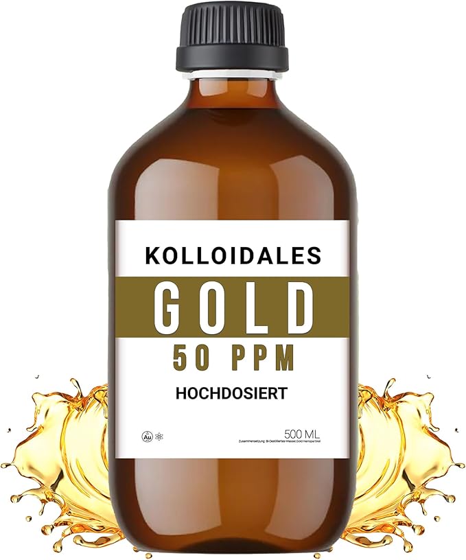 Colloidal Gold Solution - 50 PPM - 500ml - 99.99% Pure - High Purity - 24k - All Natural - Electrolysis Process - Glass Bottle - Ruby Red