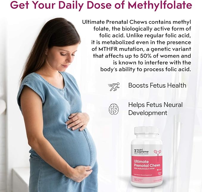 Nutri Supreme Prenatal Vitamin Chewable Prenatal Vitamins for Women with Highly Absorbable Methyl Folate Complete Prenatal Multivitamin with Iron Kosher Cherry Flavor 90 Count