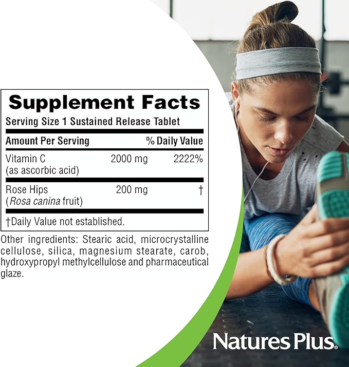 Natures Plus Ultra C W/Rose HIPS Sustained Released - 2000 mg 90 Vegetarian Tablets - Maximum Potency Immune Support Antioxidant - Free-Radical Defense - Gluten-Free - 90 Servings