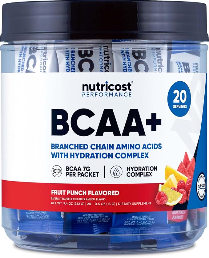Nutricost BCAA+ Hydration Fruit Punch Flavor (20 Stickpacks) - Branched Chain Amino Acids with Hydration Complex - Gluten-Free Non-GMO