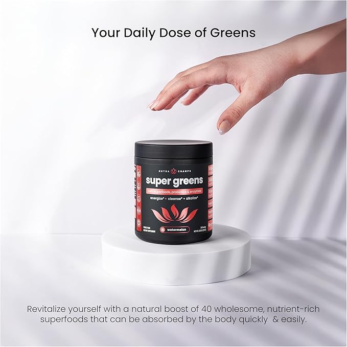 NutraChamps Super Greens Powder Premium Superfood | 20+ Organic Green Veggie Whole Foods | Alfalfa Spirulina Chlorella &amp More | Antioxidant Digestive Enzyme &amp Probiotic Blends | Watermelon