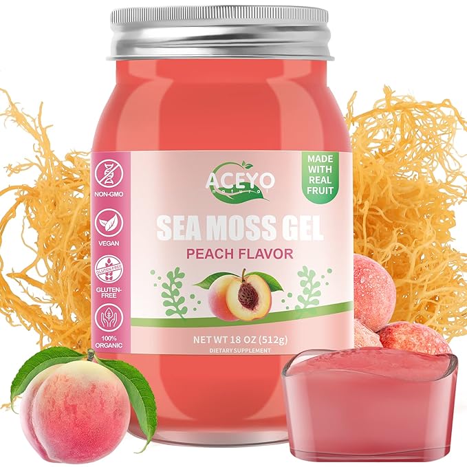 (18 OZ) Irish Sea Moss Gel Organic Raw Vegan Peach Flavor 102 Vitamins and Minerals Wild Harvested Non-GMO Immune Defense Booster Thyroid Digestive Support