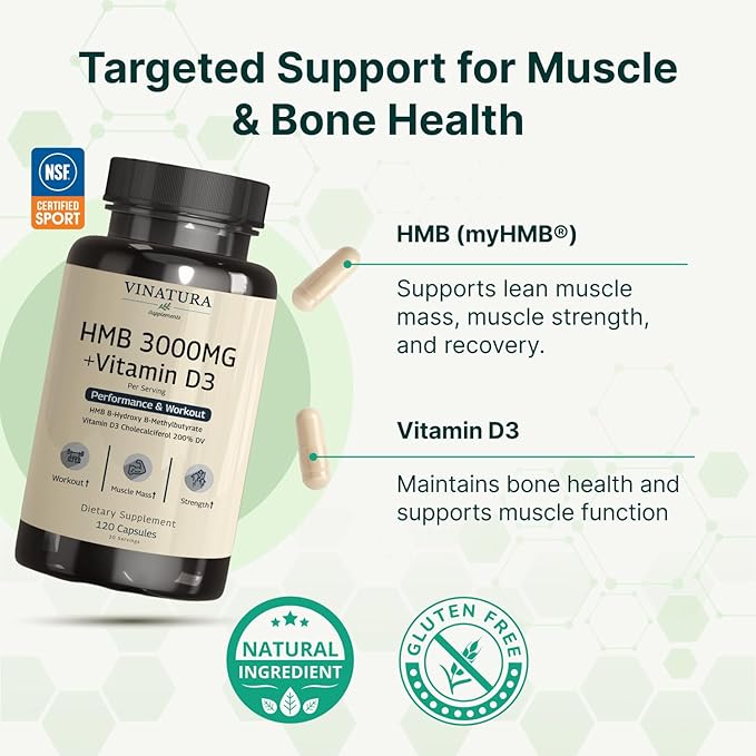 VINATURA HMB 3000mg and Vitamin D3 Supplement - HMB (Beta-Hydroxy Beta-Methylbutyrate) Vitamin D3 (1600 IU) Made in USA &amp NSF Certified for Sport - 120 Capsules