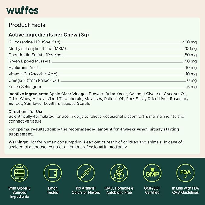 Wuffes Advanced Dog Hip and Joint Supplement with Glucosamine Chondroitin Omega 3 MSM and Green Lipped Mussel 60 Pork Flavored Chews for Small and Medium Dog Breeds
