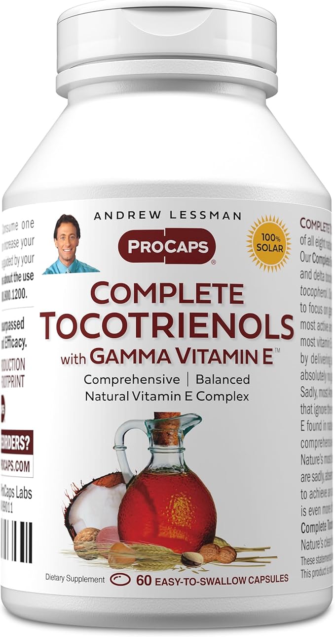 ANDREW LESSMAN Complete Tocotrienols with Gamma Vitamin E 60 Softgels - Eight Forms of Vitamin E (Alpha Beta Gamma Delta Tocopherols and Tocotrienols). Powerful Anti-oxidant. No Additives