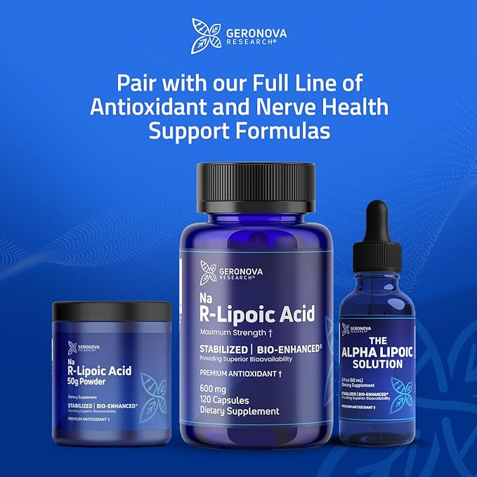 Geronova Research Bio-Enhanced R-Lipoic Acid 600 mg Dose - 2 Month Supply - Stabilized R Alpha Lipoic Acid with Enhanced Absorption - R Lipoic Acid Supplement - 120 Capsules