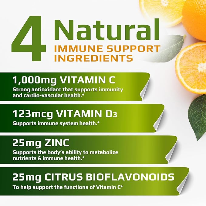 | C D Z | Vitamin C 1000mg | Vitamin D3 125mcg | Zinc 25mg | Non-GMO &amp Gluten Free | 120 Vegetarian Capsules | 120 Servings