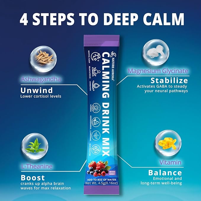 Cortisol Powdered Drink Mix with Magnesium Glycinate Ashwagandha L-Theanine Vitamin &amp Electrolytes Sugar Free Magnesium Supplement Blend for Stress Relief Relax &amp Focus Mixed Berry 30 P