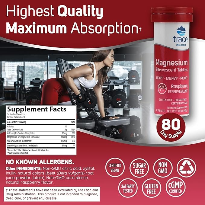 Trace Minerals Magnesium Effervescent - Healthy Heart &amp Energy Support Supplement - Natural Magnesium Supplement to Aid Healthy Sleep - Gluten-Free Health Supplement - Raspberry 8 Tubes (80 Servi