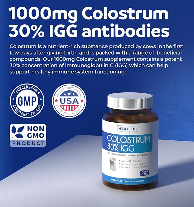 Bovine Colostrum for Women - Colostrum Supplement with 1000mg per Serving and 30% IgG Immunoglobulins from First Milking - Low Heat Processed for Maximum Potency Non-GMO &amp Made in the US (1 Month