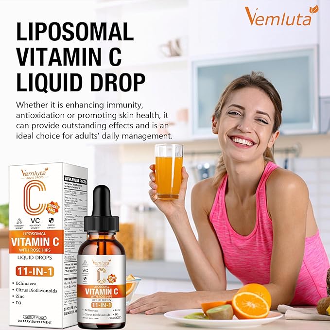 2 Packs Liposomal Vitamin C 2000mg Liquid Drop High Absorption VC Complex Rose Hips with Echinacea Citrus Bioflavonoids Zinc Vitamin D3 for Immune System &amp Antioxidant4 FL Oz