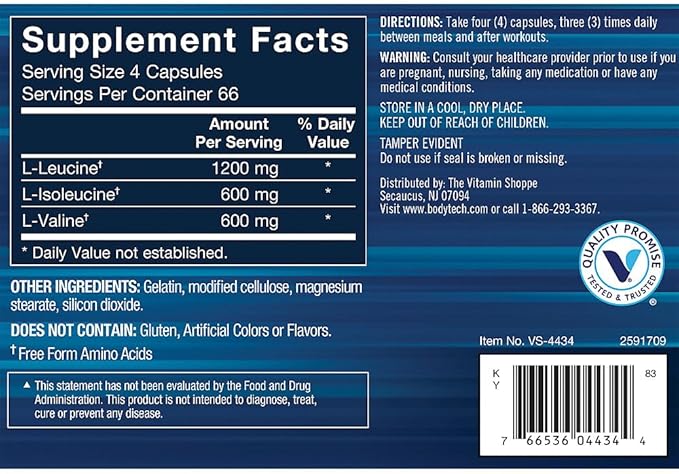 BodyTech BCAA a 2:1:1 Ratio a Supports Muscle Strength &amp Delays Fatigue (264 Capsules)