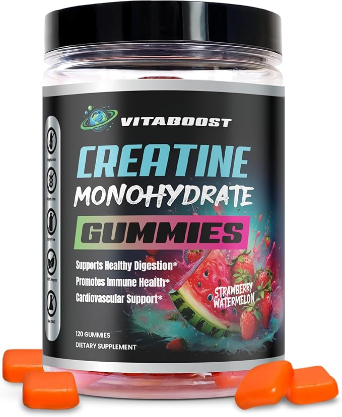 VitaBoost Creatine Gummies 5g- Natural Creatine Monohydrate for Men &amp Women- Delicious Strawberry Watermelon Flavor- Boost Strength Energy &amp Muscle Growth- Vegan Pre Workout Gummies- Made in