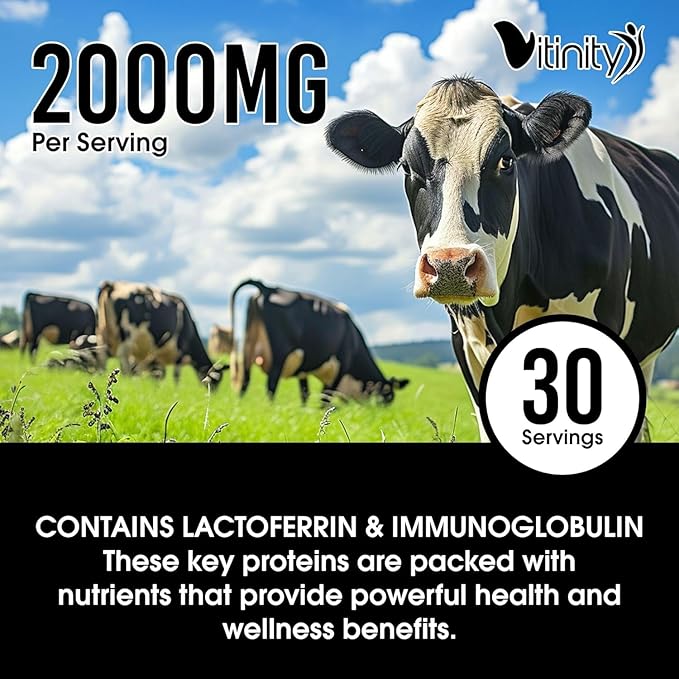 VITINITY Grass Fed Bovine Colostrum Capsules for Humans - Natural IgG Colostrum Supplement for Gut Health Immune Support Muscle Recovery &amp Wellness | Pure Colostrum Superfood Unflavored (120 Co