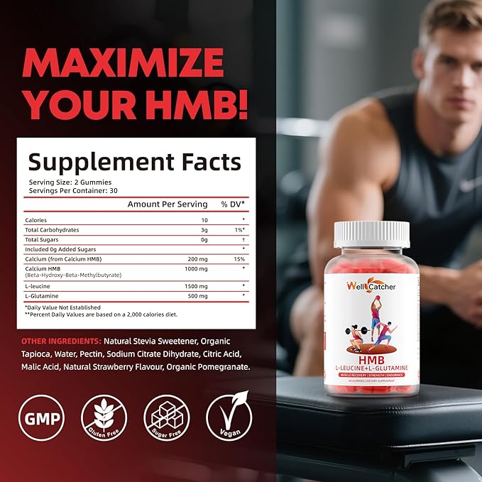 HMB and Leucine Amino Acid Gummies: HMB Supplements for Men Women with L-Glutamine for Muscle Growth Fast Workout Recovery Sugar Free Vegan Non-GMO Strawberry Flavored 30 Day Supply