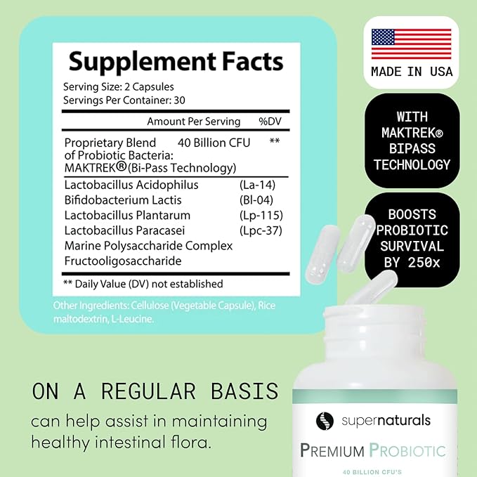 Premium Probiotics 40 Billion CFU Probiotics for Digestive Health Made with MAKTrek Bipass Technology Women &amp Mens Probiotics for Gut Health 60 Probiotic Capsules