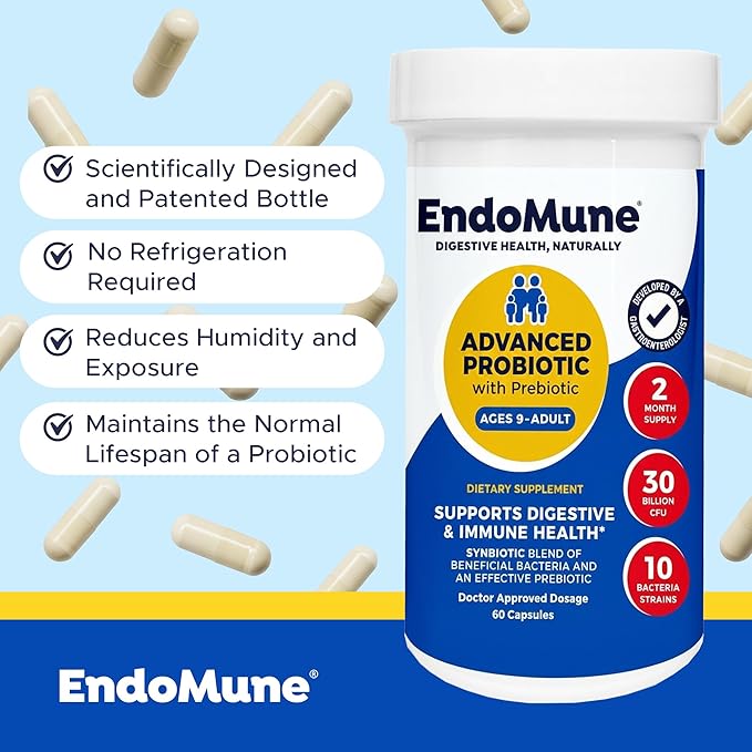 Endomune Advanced Adult Multi-Strain Probiotic Supplement with Prebiotic - 10 Strains 30 Billion CFU - Physician Formulated (60-Count)